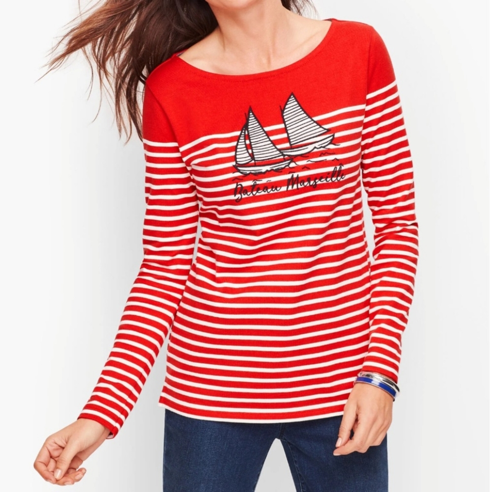 TALBOTS‎ AUTHENTIC TEE - Bateau Marseille Stripe Marine Nautical Red Top XS